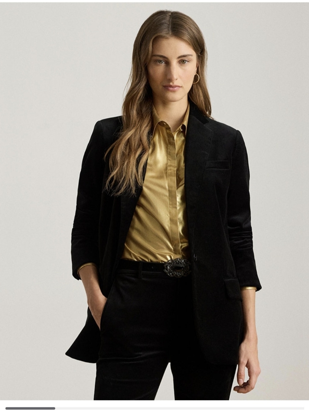 Lauren Ralph Lauren Black Velvet Long-Sleeve Blazer with Gold-Tone Shirt Styling